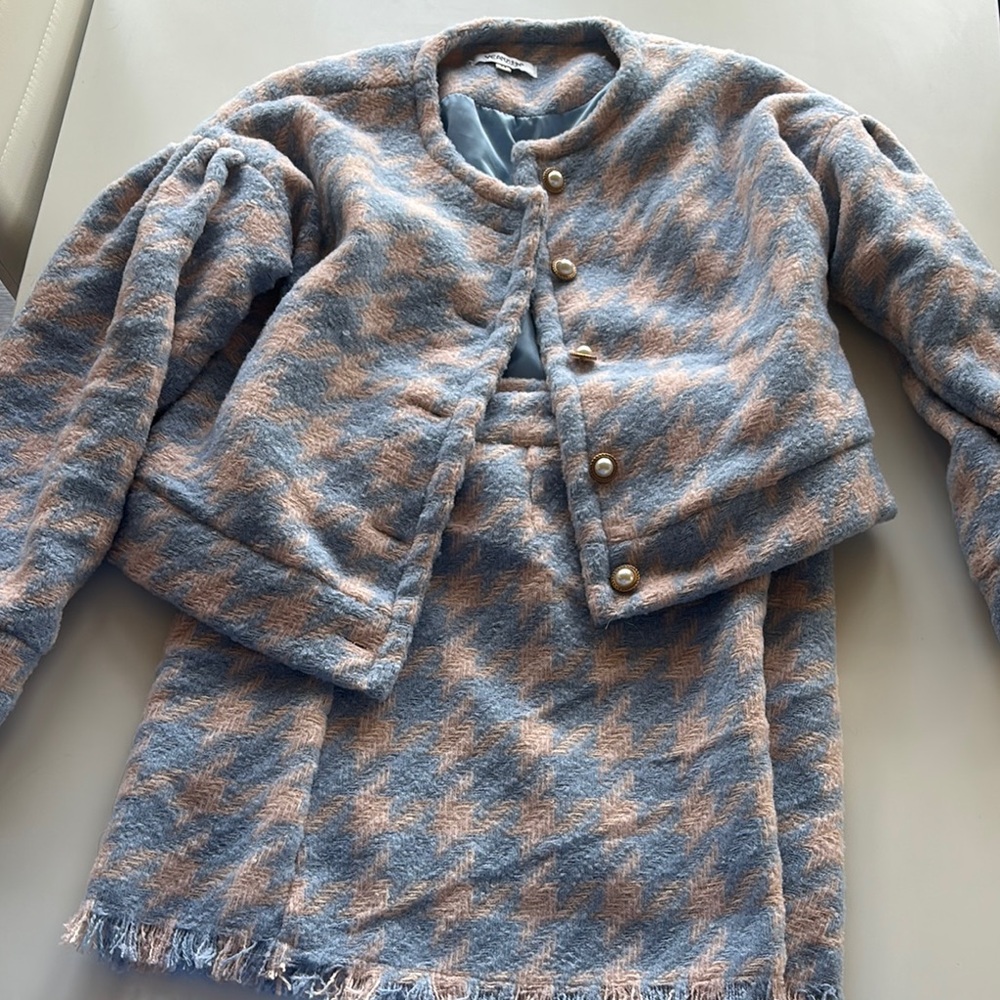 Blue and Beige Houndstooth Jacket and Skirt Set